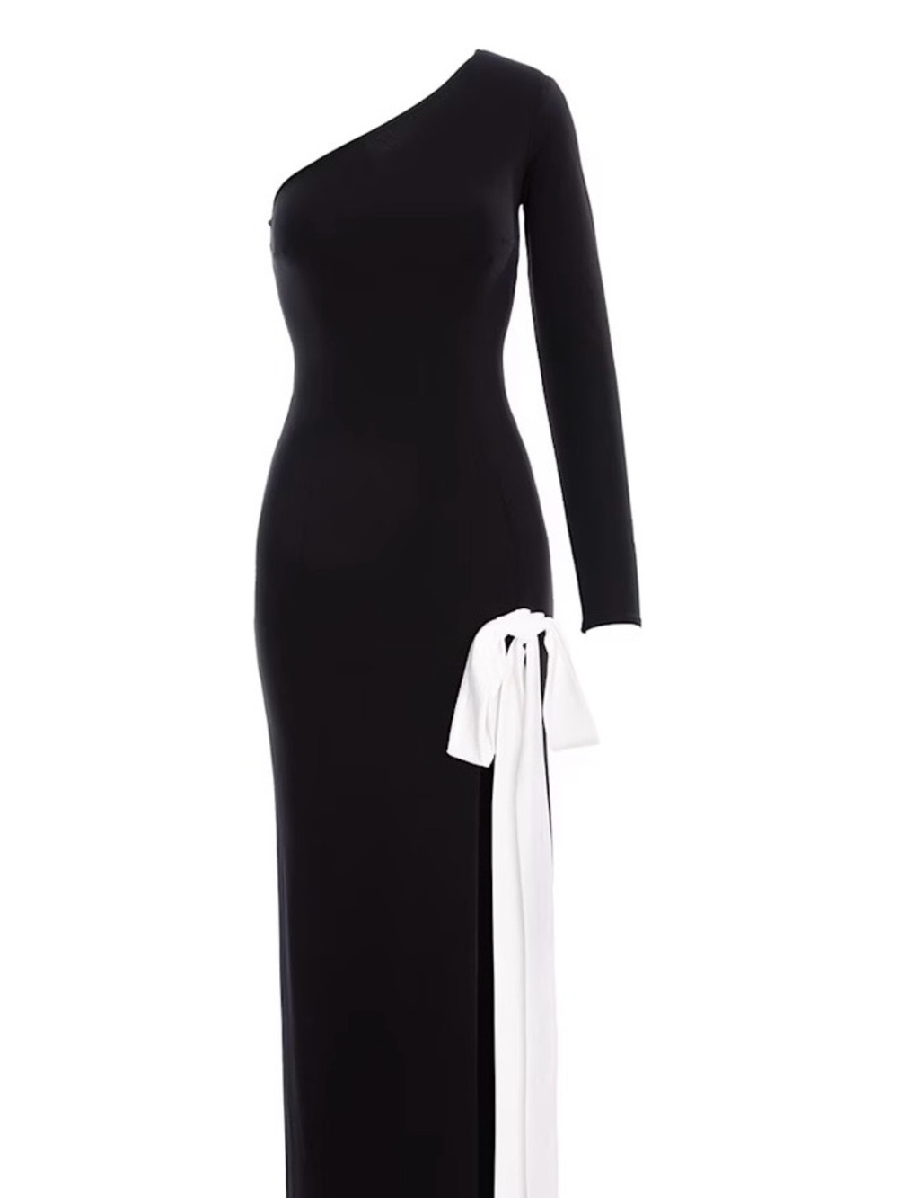 Asymmetric One-Shoulder Black Dress with White Side Tie